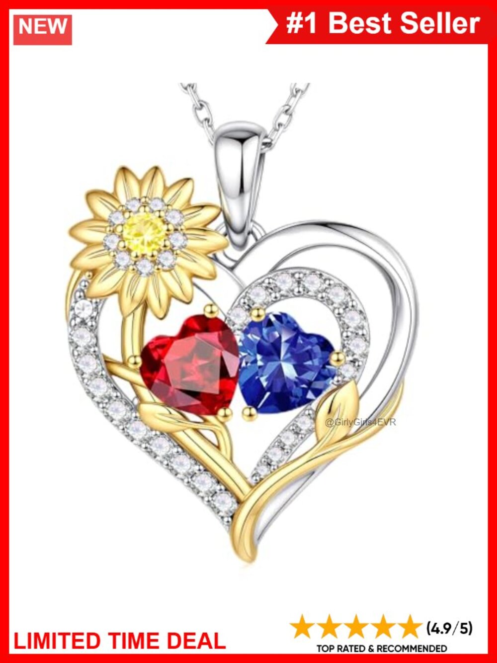 925 Sterling Silver Sunflower Pendant Necklace Double Heart Adjustable 19+2"